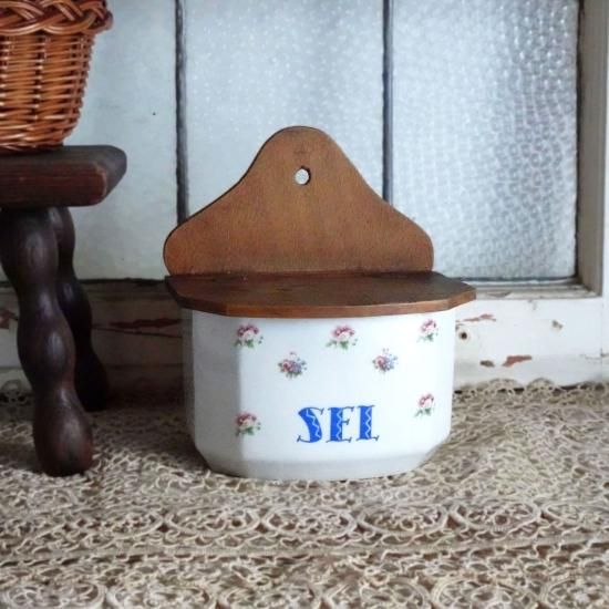 アンティーク セルボックス | フランス 陶器の塩入れ 木製の蓋 薔薇と