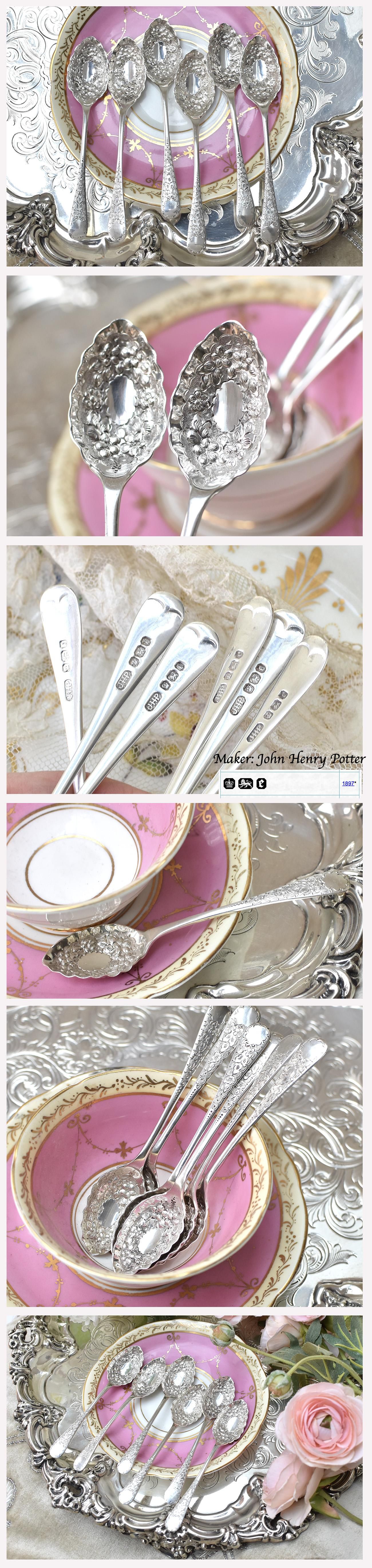 英国アンティーク銀器【純銀】1897年 美装飾ティースプーンセット6本