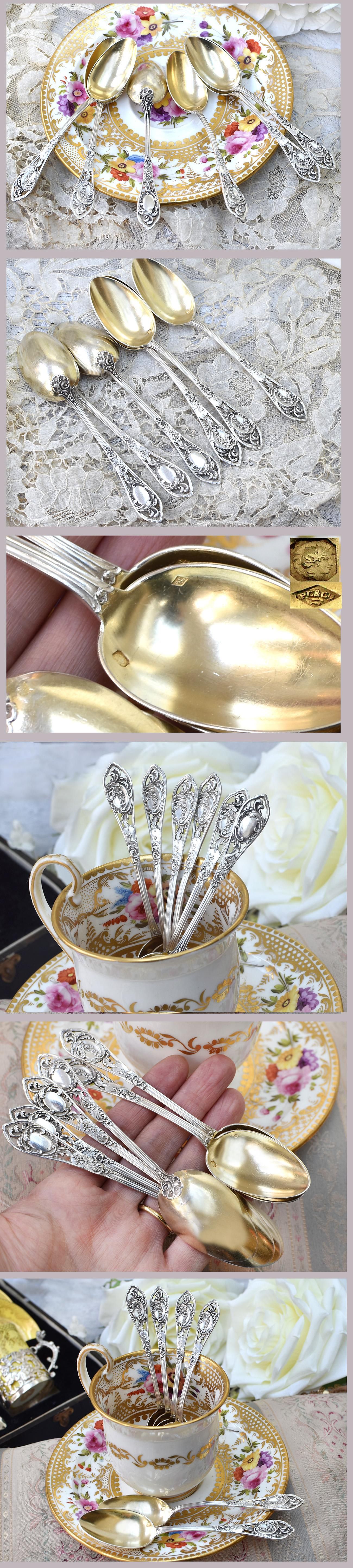 仏アンティーク銀器【銀950】透かしのティースプーンセット 12.1cm