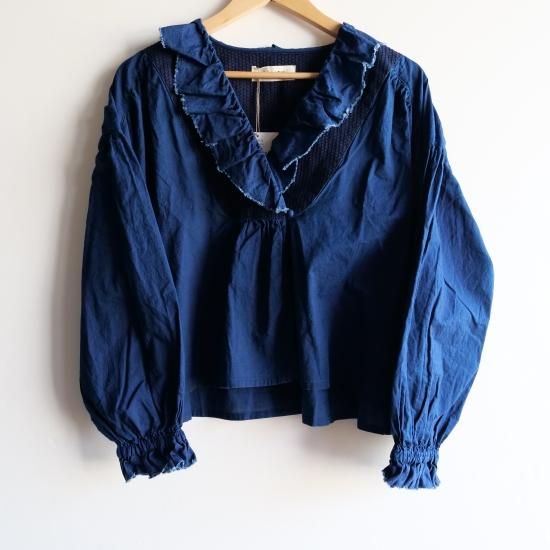 tumugu:】インディゴ刺し子 フリルブラウス - あもくり / S.T_JOURNAL