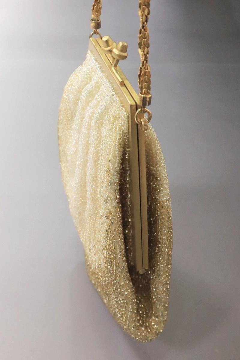 銀座【G-2754】ビーズ刺繍 バッグ 抽象文 金色×象牙色 - 銀座きもの