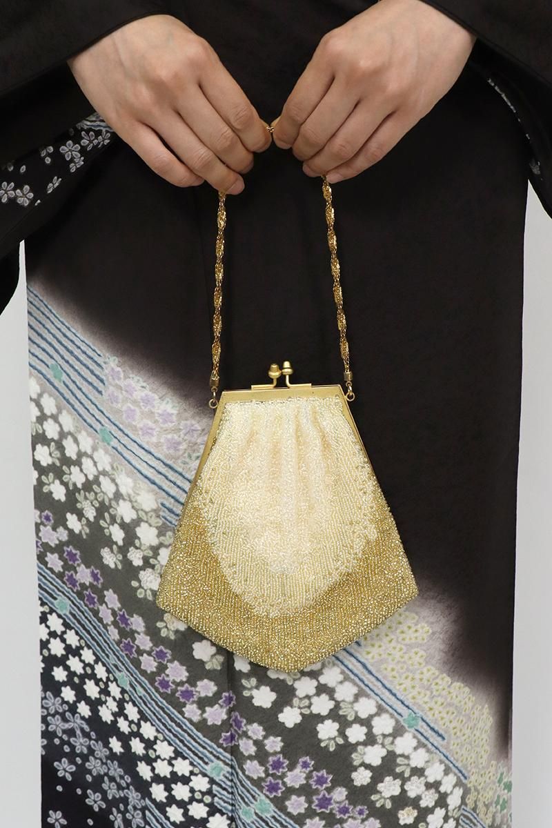 銀座【G-2754】ビーズ刺繍 バッグ 抽象文 金色×象牙色 - 銀座きもの