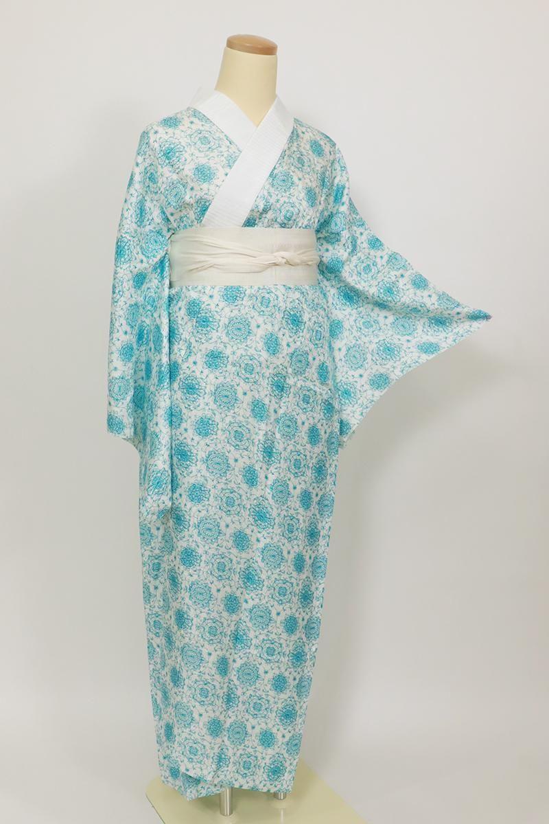 銀座【F-611】洗える正絹 紋紗 長襦袢 白色×浅葱色 華文 :身丈125/裄67