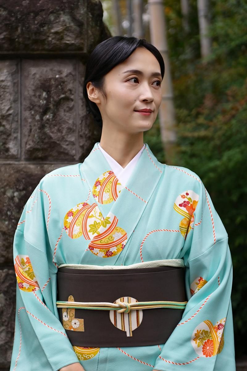 銀座【帯5860】塩瀬地 染名古屋帯 消炭色 古裂文（畳紙付） - 銀座