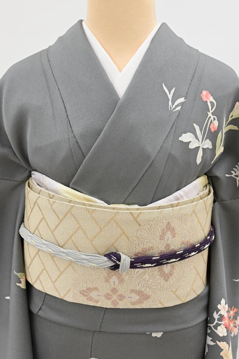 銀座【L-8661】高尾工芸 袋帯 薄卵色 檜垣に有職丸文（落款入） - 銀座