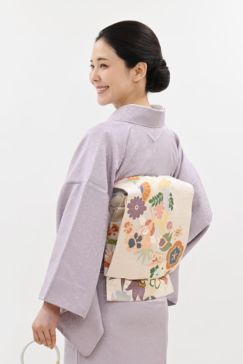 銀座【L-8579】西陣 白寿苑製 袋帯 生成色 吉祥文（証紙付） - 銀座