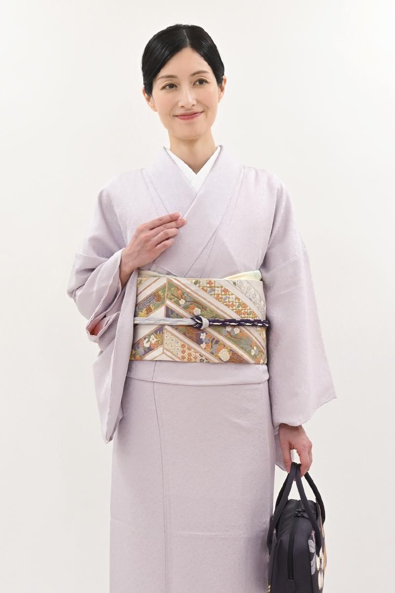 銀座【L-8380】刺繍 袋帯 銀色 幾何文に花の図 - 銀座きもの青木｜長く