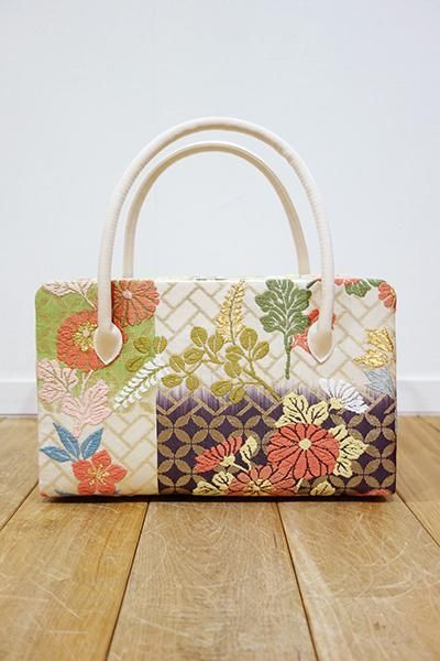 G-819】利休バッグ 唐織 白練色 秋草文（小サイズ・未使用） - 銀座