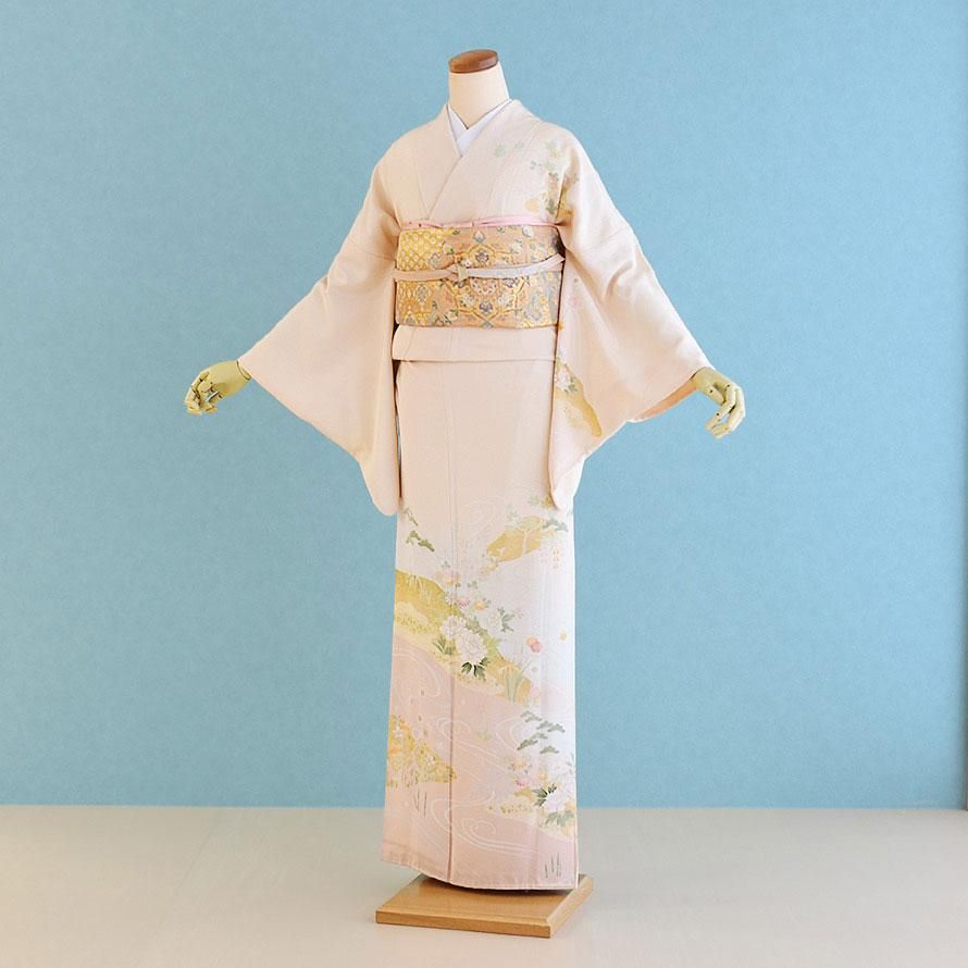 訪問着フルセット、扇面、流水、牡丹と四季の花 グラデーション しつけ