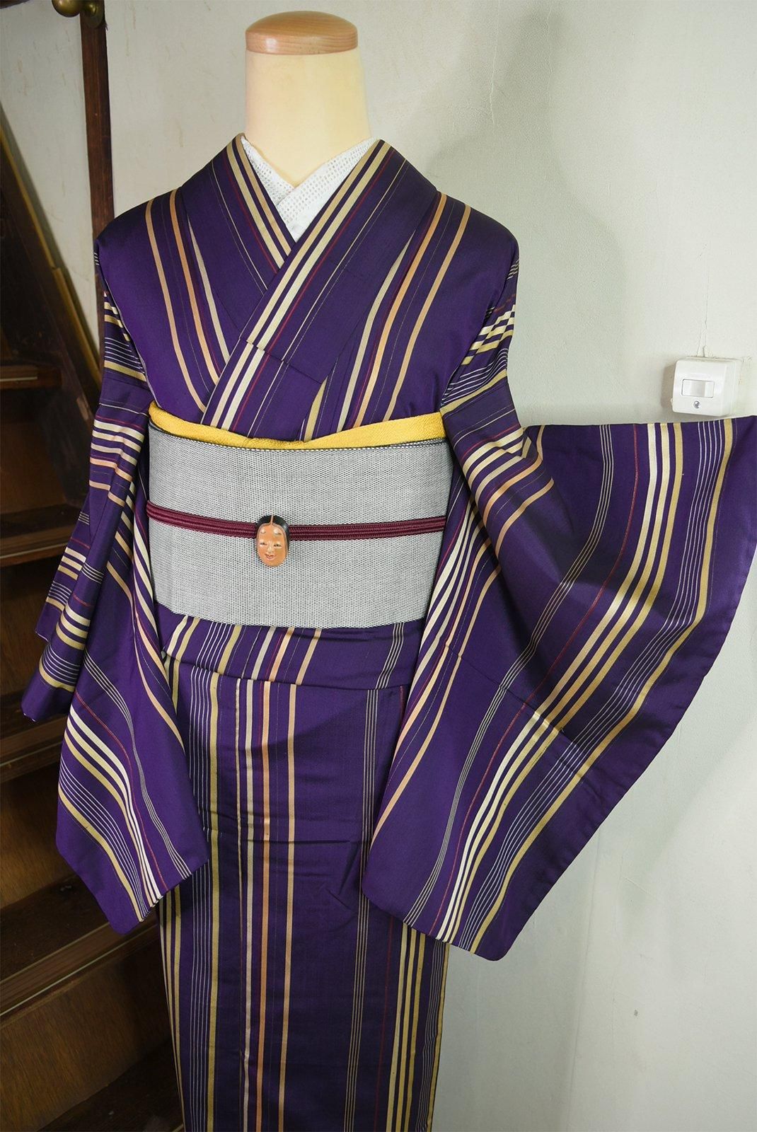 深紫に大正ロマン香茶縞小粋なアンティーク袷着物 - アンティーク着物