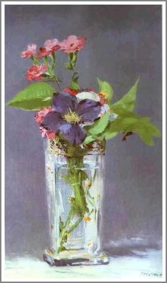 マネ【水晶の花瓶に活けたクレマチス】 - 手描き 絵画（油絵複製画