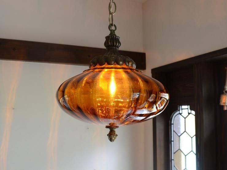 ヴィンテージ アンバーガラス ペンダントランプ B｜アンティーク照明
