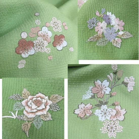 刺繍 付け下げ 花尽し 若葉色地 御仕立上 ガード加工(3281 LYM