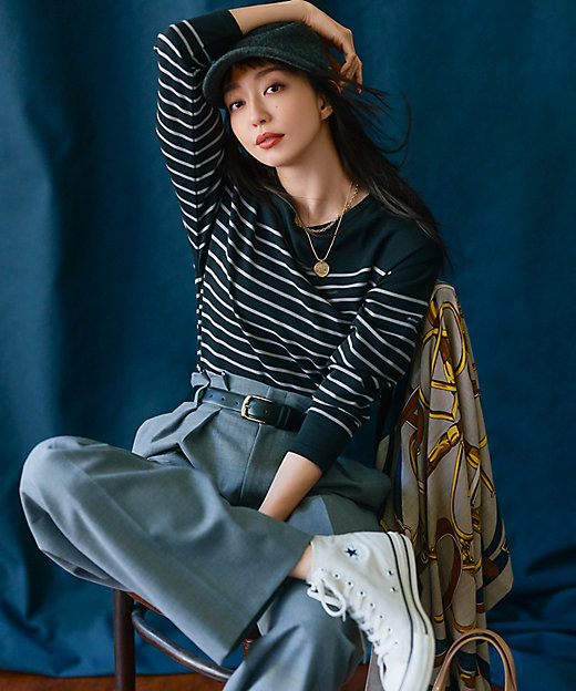 ナチュラルストレッチサキソニー タック ワイドパンツ