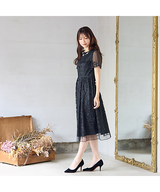 美シルエット】ドットチュール刺繍ワンピース（51015504