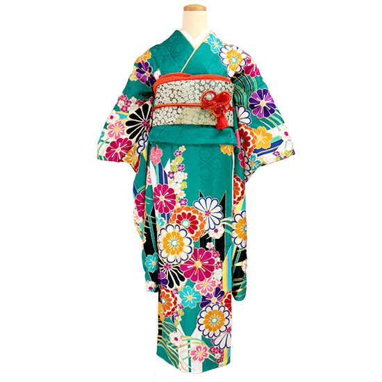 成人式振袖/青緑にモダン花柄 | 着物オンラインレンタルサイト｜着物