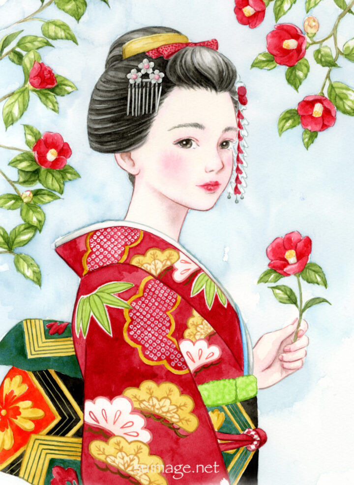 水彩で描いた、振袖を着た女性のイラスト