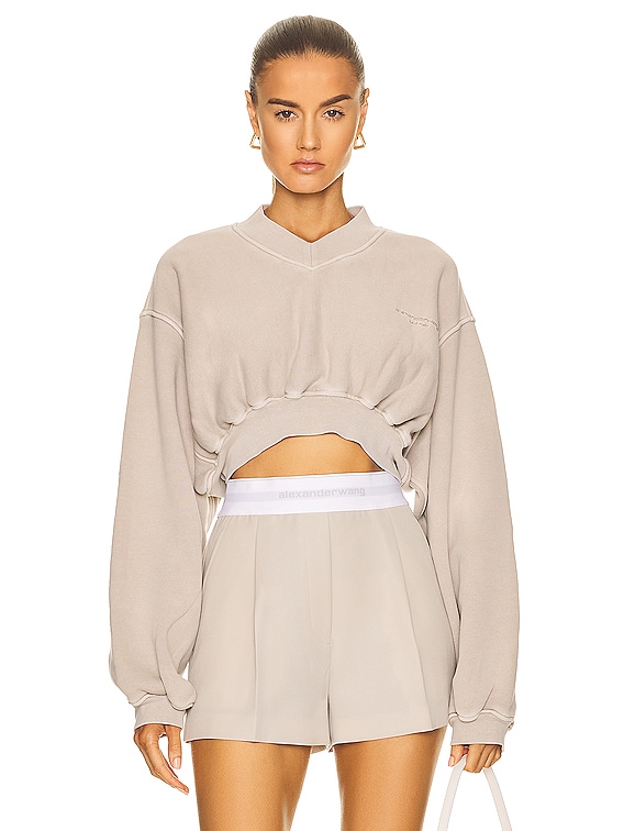 Alexander Wang V Neck Cropped Logo Pullover in Grey in Feather | FWRD