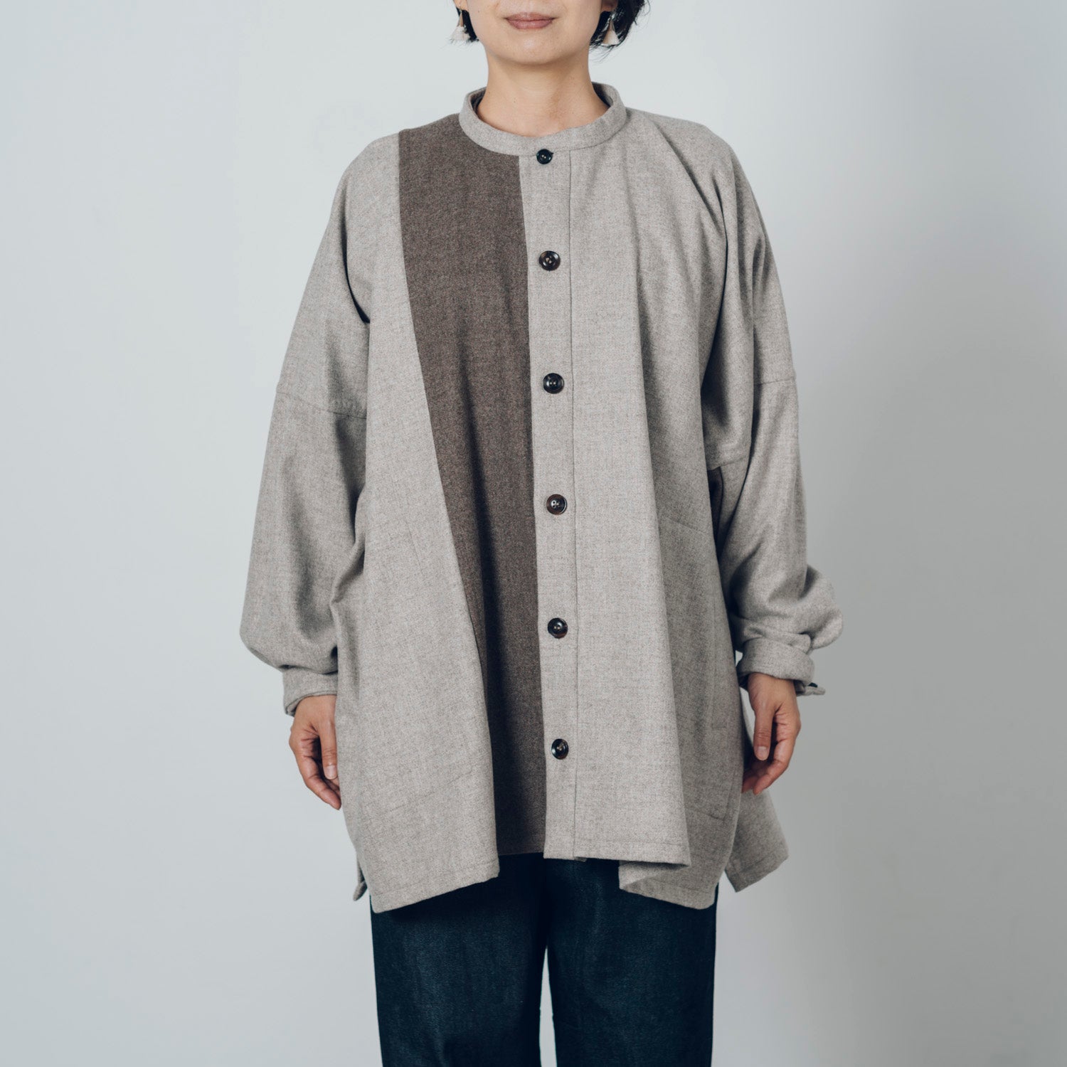 越前ハーフコート］ウール(ブラックメリノ)/グレー×ブラウン