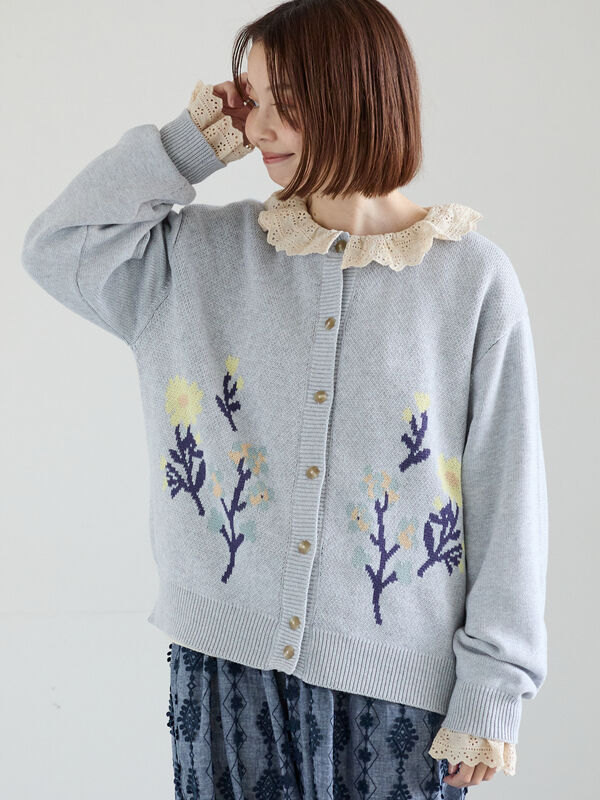 セール】 花柄ジャカードカーディガン（グレー/ベージュ/サックス