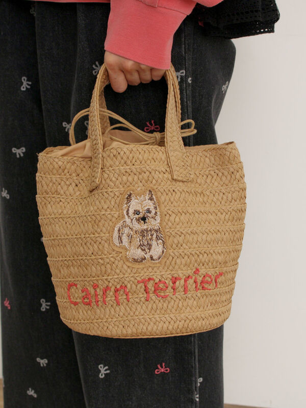 セール】 ドッグ刺繍カゴバッグ（オフホワイト/ブラウン/バッグ/バッグ