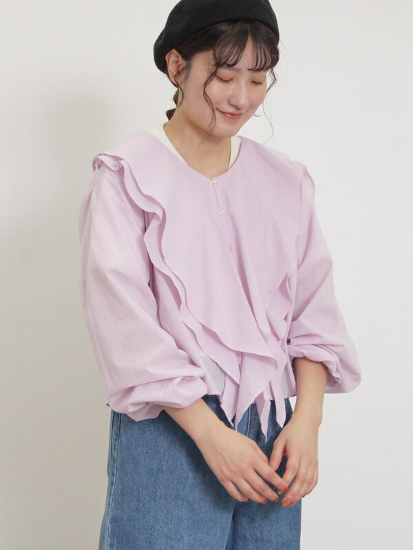 セール】 フレアカラーブラウス（オフホワイト/ブラック/ピンク