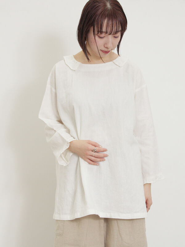 セール】 【Cross×Linen】フリルカラーブラウス（オフホワイト/ピンク