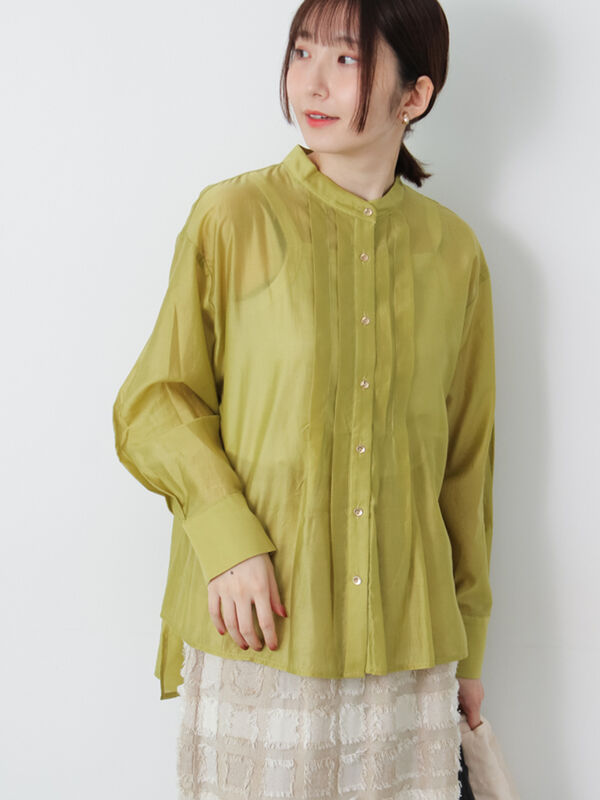 セール】 フロントタック入りシアーシャツ（オフホワイト/グレー