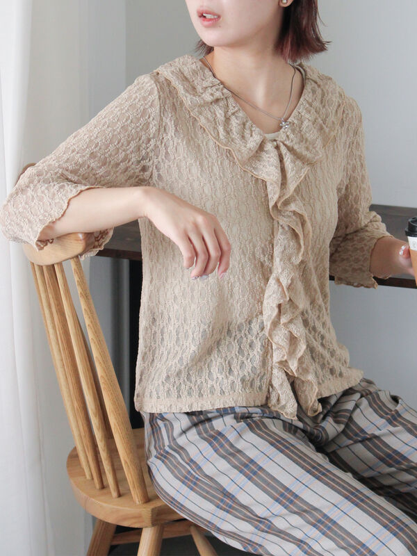 セール】 レースフリルカーディガン（ブラック/ベージュ/キナリ