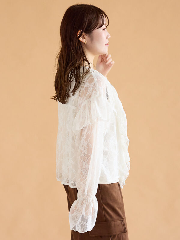 セール】 総レースフリルブラウス（オフホワイト/ブラック/キナリ