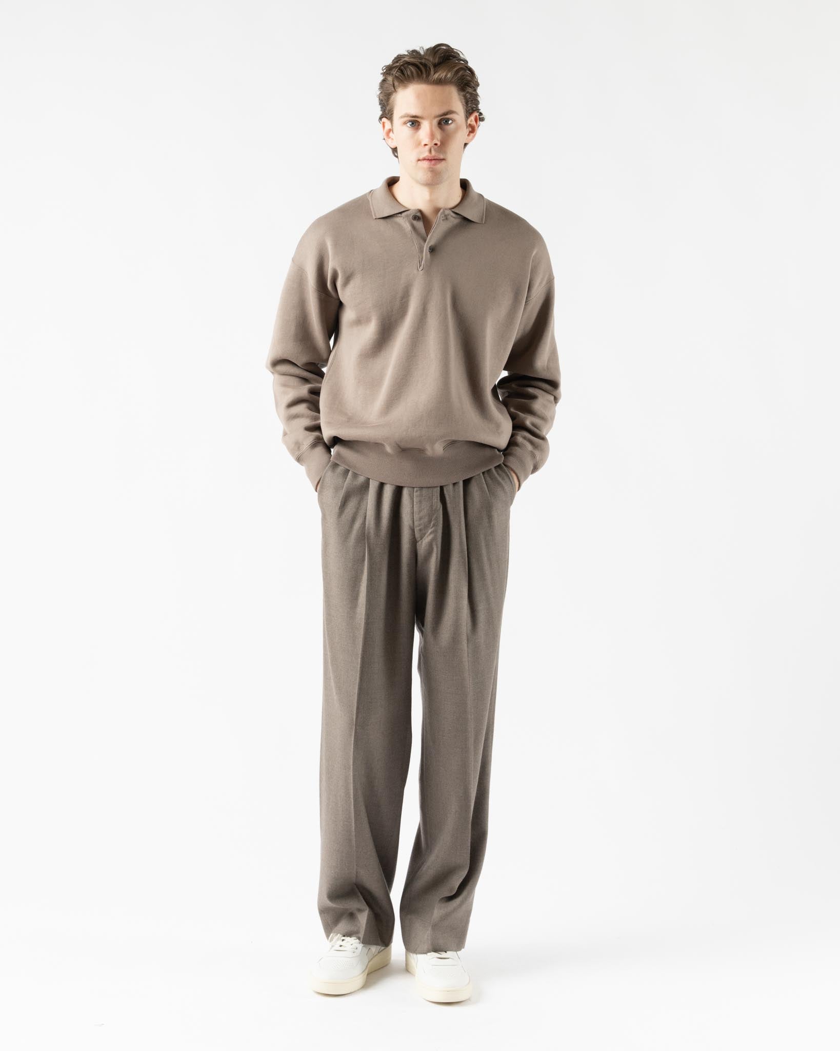 Auralee Smooth Soft Sweat Polo in Olive Brown Curated at Jake and