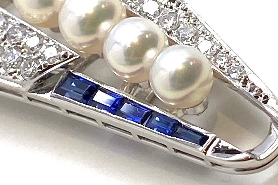 MIKIMOTO【ミキモト】 Pt900アコヤパール ダイヤ サファイヤ帯留 (NO