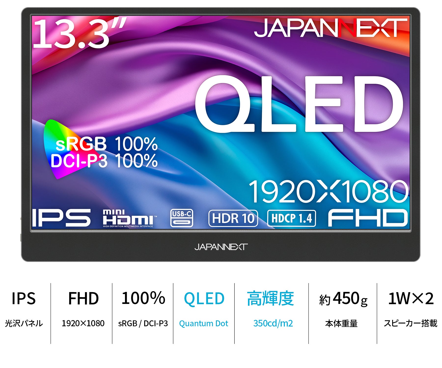JAPANNEXT 13.3インチ IPSパネル搭載 QLED(量子ドット)テクノロジー
