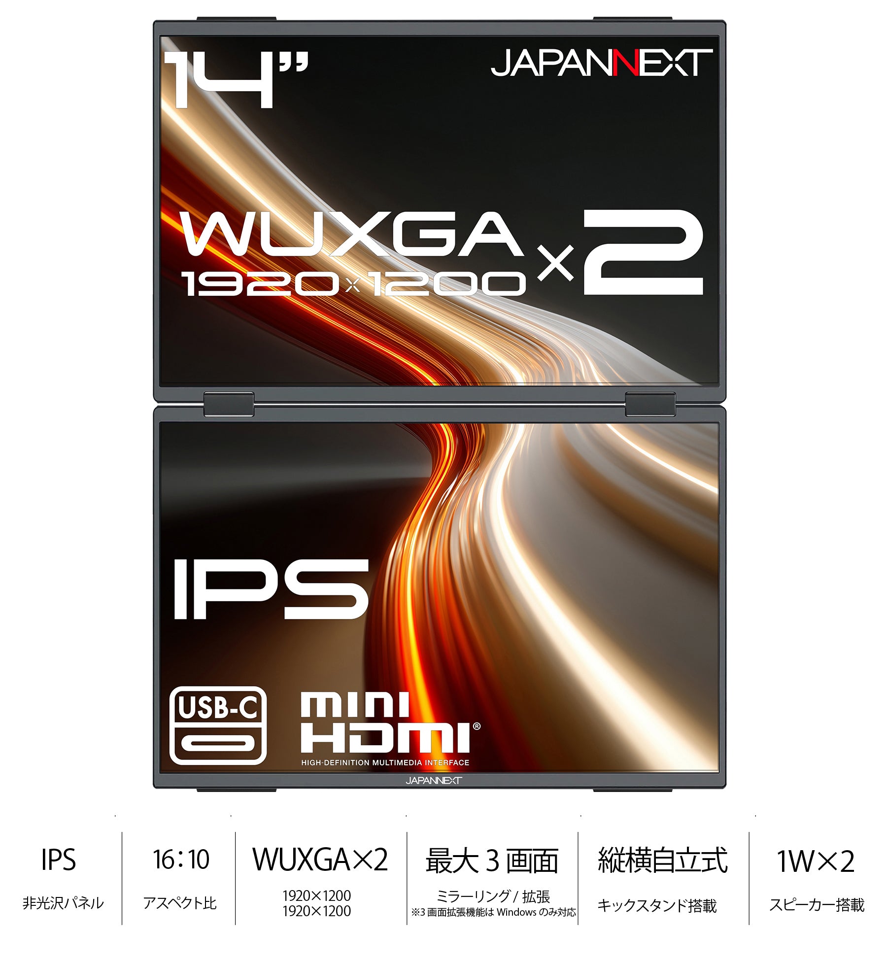 販路限定】 JAPANNEXT 14インチ IPSパネルx2搭載 WUXGA(1920x1200