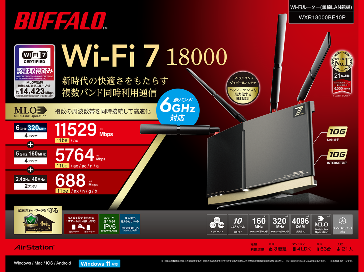 バッファローからWi-Fi 7対応ルーター「WXR18000BE10P」、2月上旬発売
