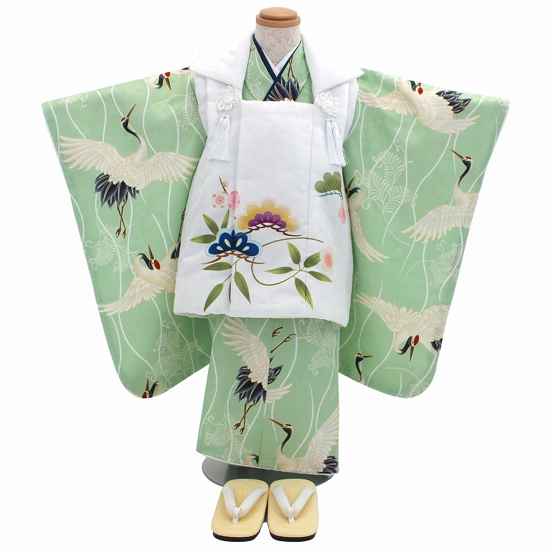 七五三レンタル｜三歳｜白松×吉祥鶴(若緑)｜7442-00010｜着物レンタル