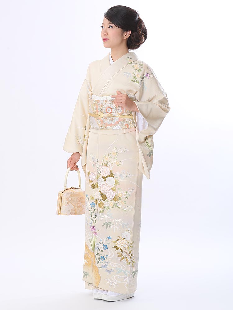 高級訪問着レンタル】h-62 ベージュ地・花柄 MLサイズ 花々｜KIMONO