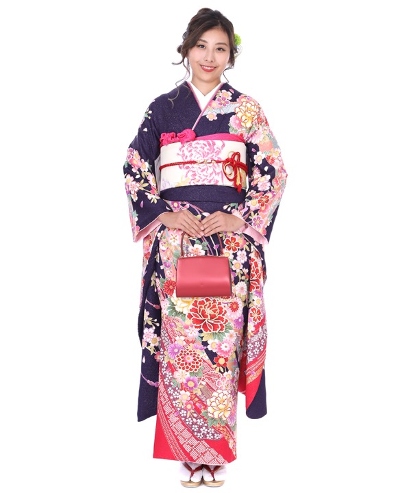 振袖レンタル｜ラメ入り紺地に桜牡丹鞠熨斗目｜F0276｜LL｜宅配着物