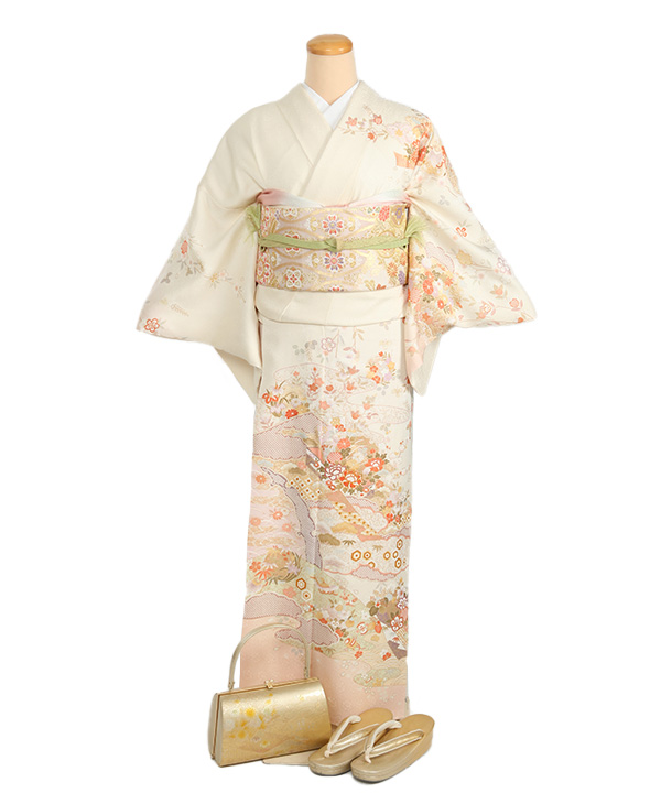 訪問着レンタル｜クリームに雲取り四季草花｜H0363｜M｜宅配着物
