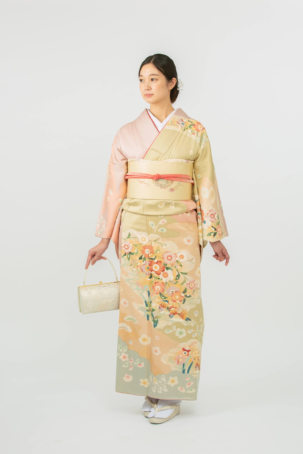 0455H 訪問着 薄オレンジ、薄緑 草花、絵羽模様 銀座本店在庫 | KIMONO