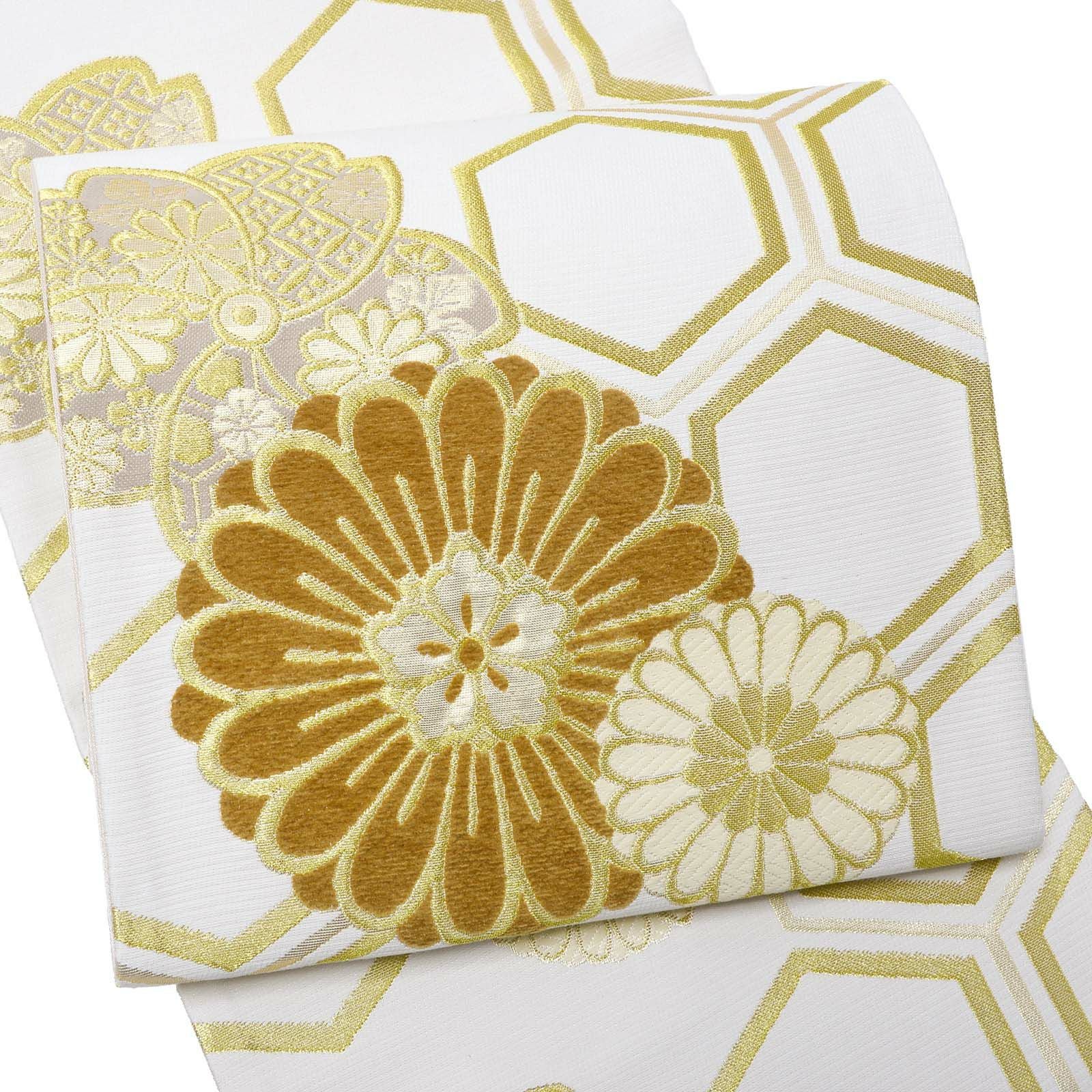 振袖 袋帯 単品「白地、金×香色 二重亀甲に菊桜」日本製 お仕立て