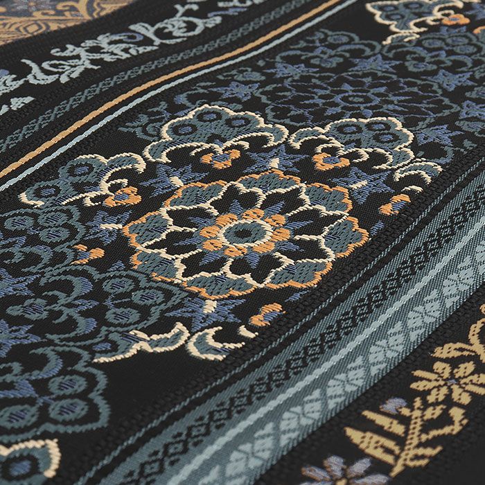 名古屋帯 博多帯 博多織 帯 八寸 松葉仕立て 隆毘間道 黒 縞 華紋 筑前