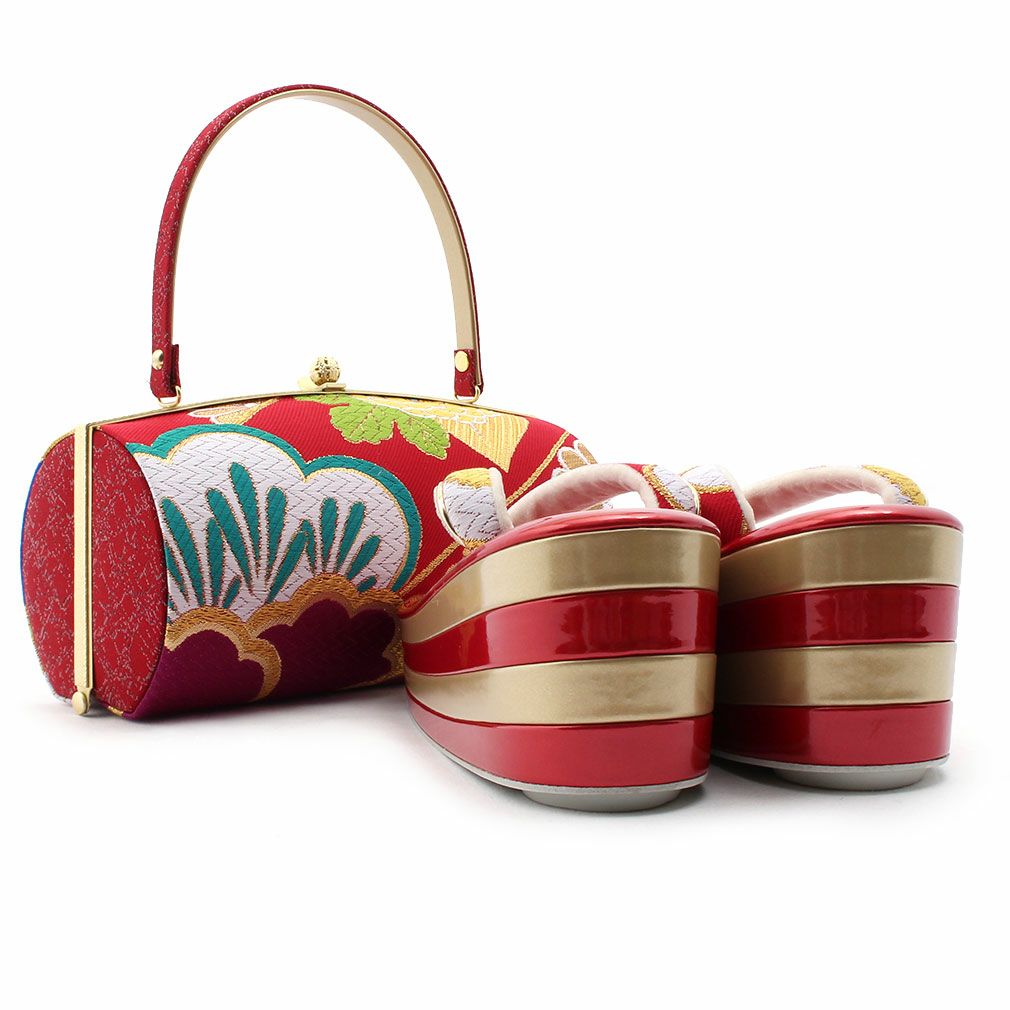 草履バックセット 振袖用 草履 厚底 Sサイズ 赤 青 ゴールド 椿 梅