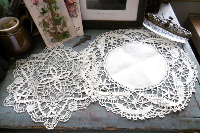 フランスアンティーク,レース,ドイリー,セット,エクリュ,丸