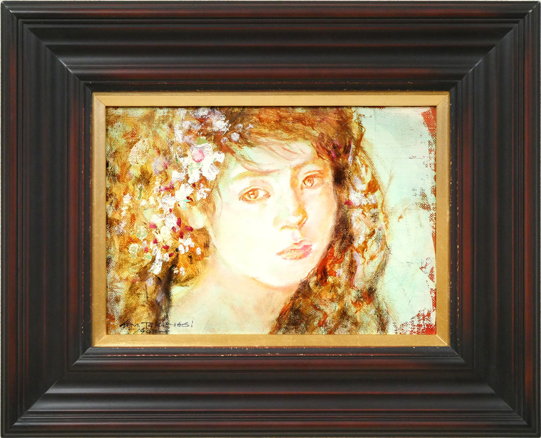 絵画 油彩画 油絵 「ブーケを持つ少女」F6号 菊地正則 額付き 美品