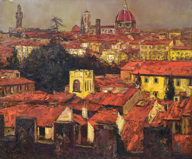 浮田克躬「フィレンツェのあかい屋根（イタリア）」油絵・F20号 絵画