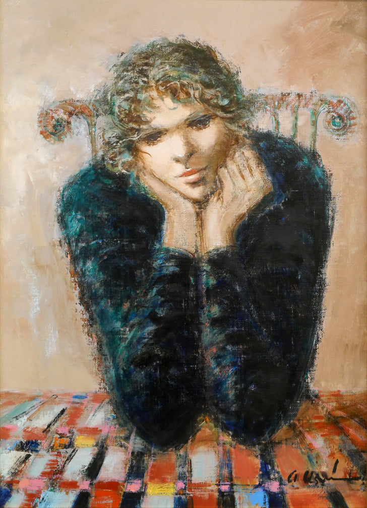 碓井正人「ほおづえをつく女」油絵・P8号 絵画買取・販売の小竹美術