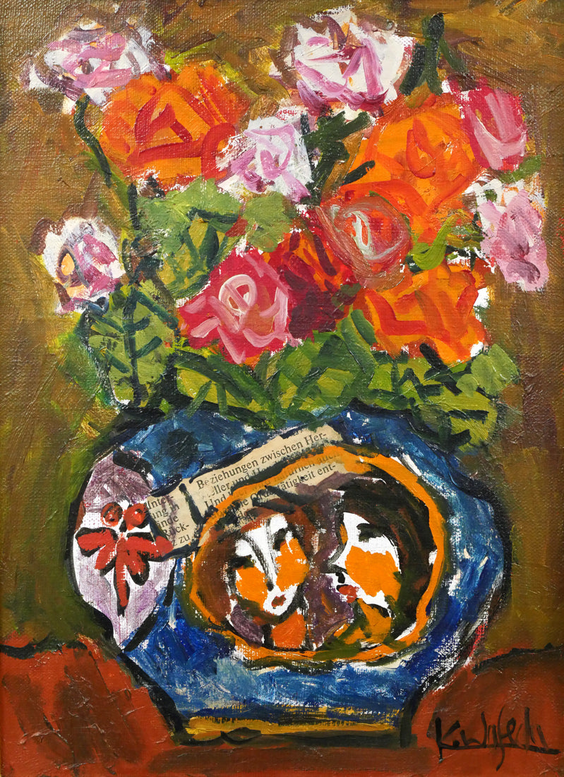 早稲田員久「バラ」油絵・コラージュ・F4号 絵画買取・販売の小竹美術