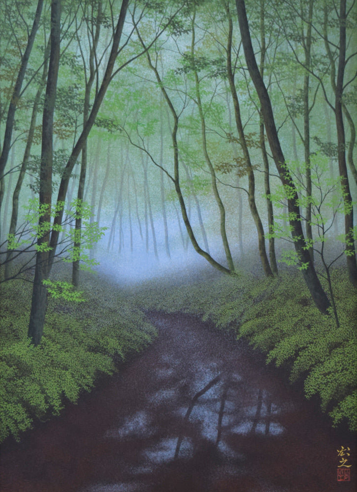 原宏之「雨後林道」日本画・P20号 絵画買取・販売の小竹美術