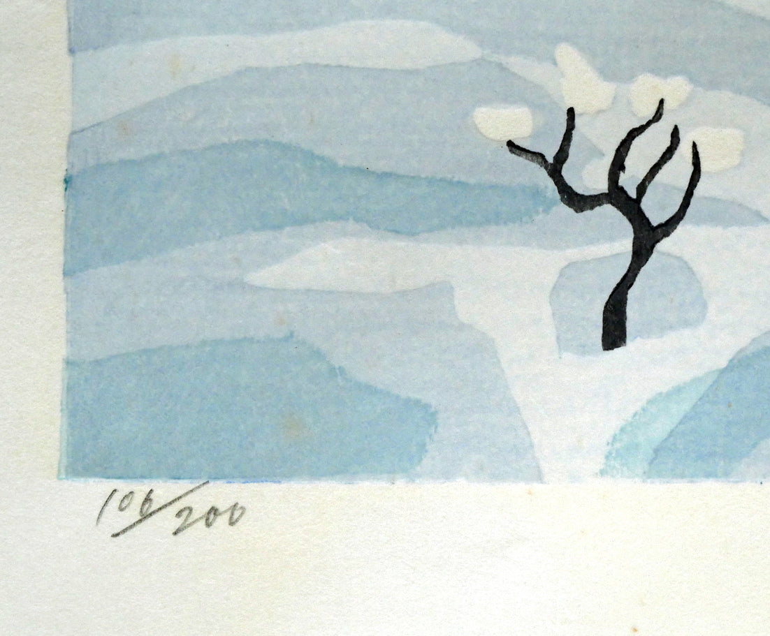 北岡文雄「雪の白川郷（世界遺産条約登録地シリーズNo,6）」木版画